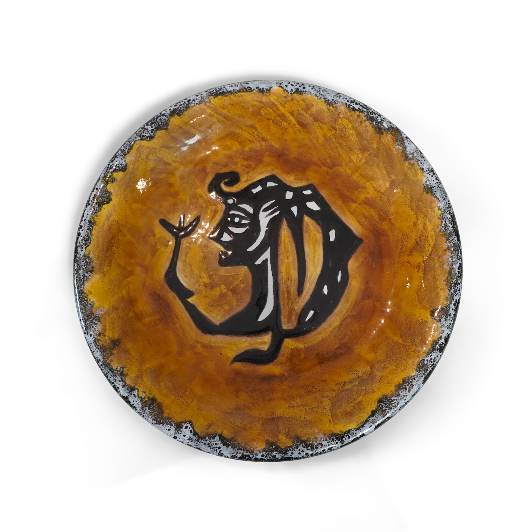 Jean Lurçat (1892-1966): An ochre glazed earthenware plate, decorated with a stylised central figure